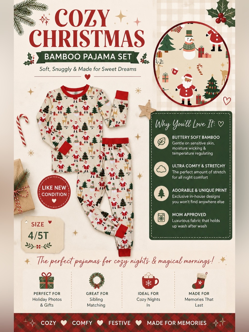 NEW Cozy Christmas Bamboo Long Sleeve Kids Pajama Pants Set